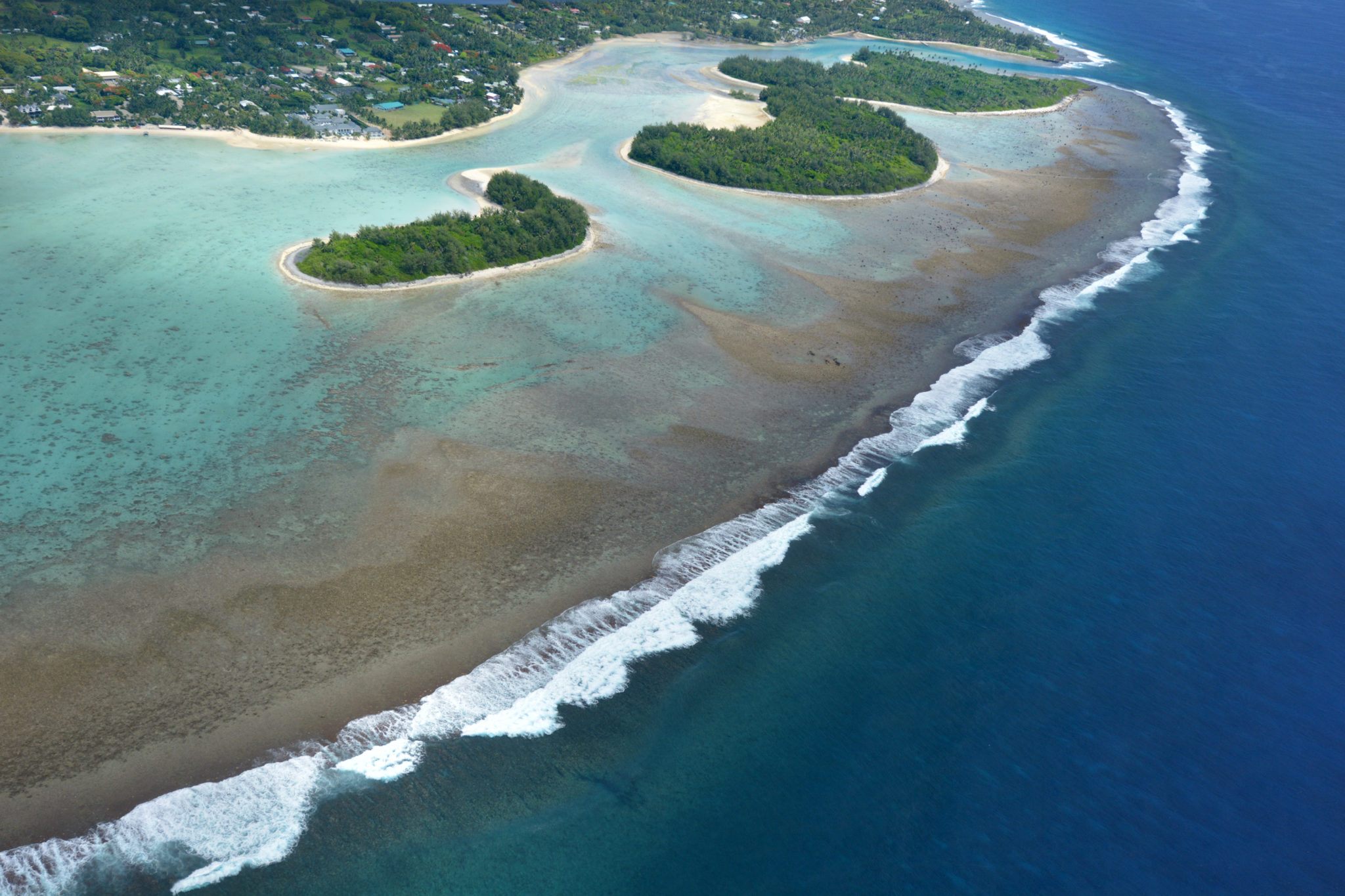 Aerial landscape view of Muri Lagoon in Rarotonga Cook Islands Vision
