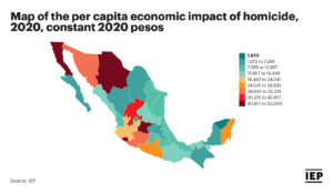 Mexico Peace Index 2021: Map of per capita economic impact of homicide in 2020